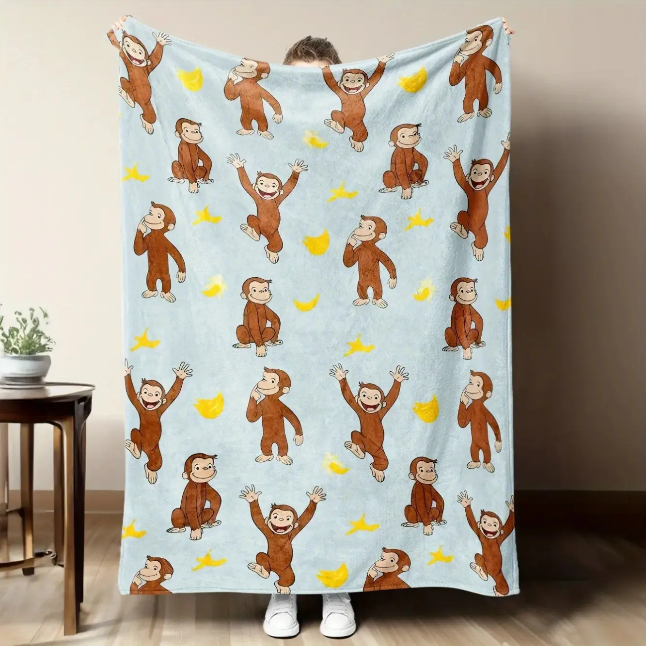 Soft Flannel Throw Blanket With Curious George Monkey & Banana Pattern Kids Blanket Cozy Warm Light Blue Cartoon Design For Sofa Bed Office Perfect Gift For Friends Family Kids Boys Girls Birthday Cute Throw Blanket All Season