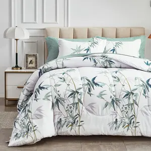 7 count Bed in a Bag  Comforter Set with Sheets, Green Leaves on White Botanical Design Bedding Sets for  Season (1 Comforter, 2 Pillow Shams, 1 Flat Sheet, 1 Fitted Sheet, 2 Pillowcases)