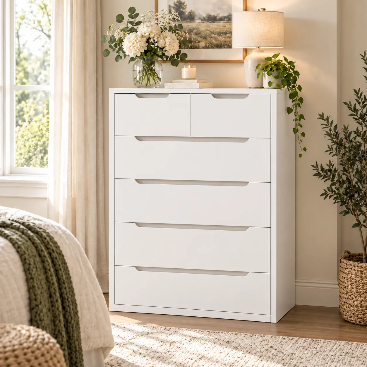 【24H Online Help】Raybeefurniture Modern Wood Dresser with 4/5/6 Deep Drawers, Stylish Storage Cabinet & Chests of Drawers, Tall Dresser with Smooth Metal Rail, Perfect White Storage Organizer & Home Decor for Bedroom, Cloet, Living Room