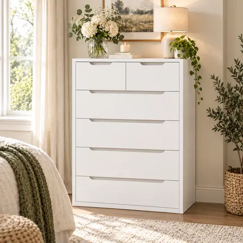 【24H Online Help】Raybeefurniture Modern Wood Dresser with 4/5/6 Deep Drawers, Stylish Storage Cabinet & Chests of Drawers, Tall Dresser with Smooth Metal Rail, Perfect White Storage Organizer & Home Decor for Bedroom, Cloet, Living Room