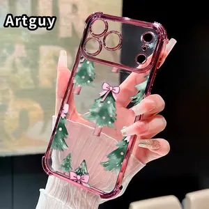 Compatible with Phone Case iPhone 17 Pro Max 16 15 Plus Air 14 13 12 11 E Pink Bow Christmas Trees Pattern Transparent Full Coverage Four Corners Anti-drop Casing
