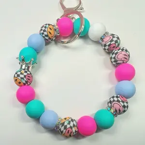 Retro Pop Silicone Beaded Wristlet Keychain – Checker Smiley Vibes