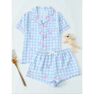 Blue Bowknot Pajama Set, Sweet Cute Girl Lapel Button Front Top, Butterfly Knot Shorts, Women's Sleepwear Homewear, Soft Casual Pajamas