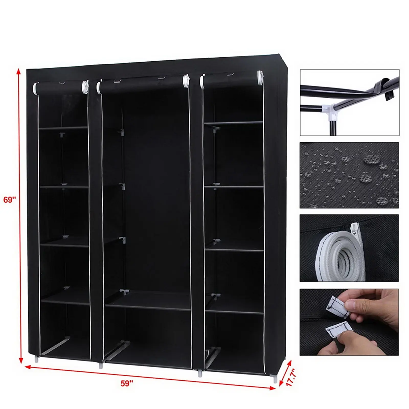 Portable Closet, 69 Inch Wardrobe Closet for Hanging Clothes with Long Hanging Rod and 12 Storage Organizer Shelves, Non-Woven Fabric Quick and Easy to Assemble Extra Strong and Durable, Black