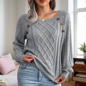 Women's Solid Color Casual Square Neck Button-Detail Knit Top - Textured Ribbed Pattern, Cozy Fall&Winter Sweater Basic Fabric sueter para mujeres