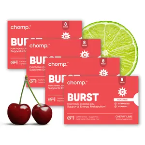 Burst Energy Gum 4 Pack | Caffeine-Free | Sugar-Free Cherry | Lime Flavor | Vitamin B12 & C for Energy Metabolism Support | Chomp Gums