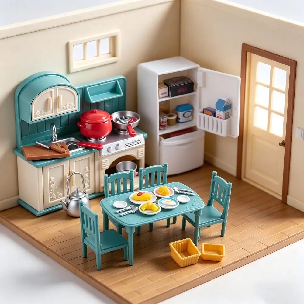 Pretend Play Dollhouse Kitchen Playset - Includes Kitchen, Refrigerator, Dining Table and Chairs - Birthday, Christmas Gift for Kids