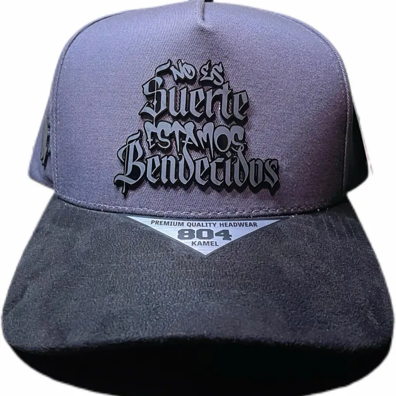 Authentic Unisex Snapback Hat - Charcoal Black Premium Streetwear Flat Bill Faith Cap, Chicano Style Hat with Bold Spiritual Message "No Es Suerte Estamos Bendecidos", City Slogan Graphic Car Meets Cap