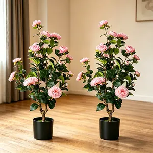 3-foot artificial camellia tree with realistic pink flowers and leaves, potted front door fake flower tree is suitable for courtyard porch living room decoration, 2-piece package.