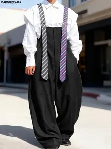 INCERUN Men's Fashion Patchwork Striped Tie Casual Overalls, Stylish Plaid Design, Comfortable All-Season Wear, Perfect for Daily