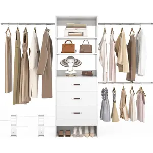 96'' Closet Organizer System with 3 Hanging Rods, 8FT Closet Organizers and Storage with 3 Wooden Drawers, Adjustable Walk-in Wardrobe Fits 5-8FT, White