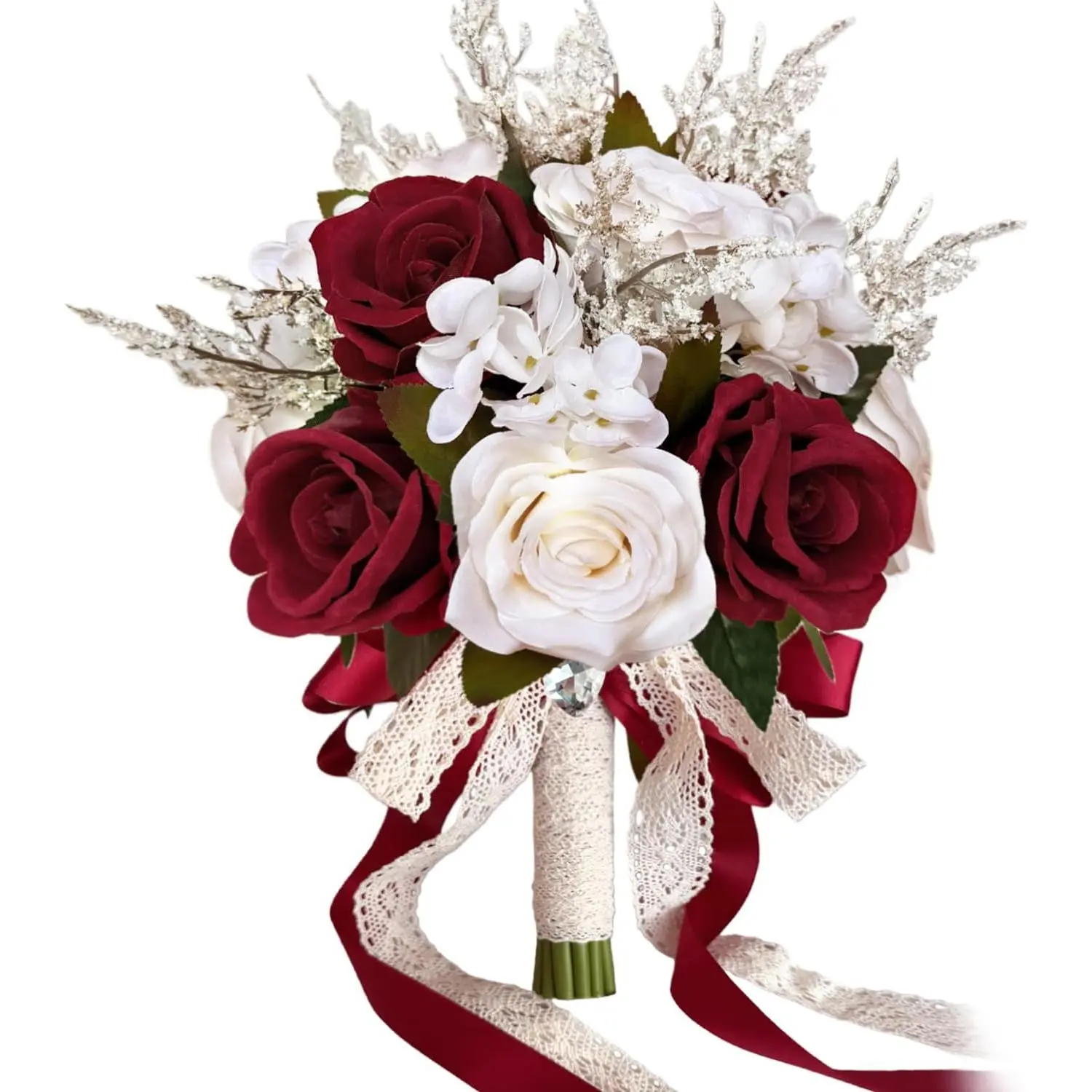 9 Inch Burgundy Wedding Bouquets for Bride Bridesmaid, Dark Red White Champagne Artificial Fake Roses Flowers Bridal Bouquet Winter Fall Boho Rustic Wedding Decoration Toss Bouquet Prom