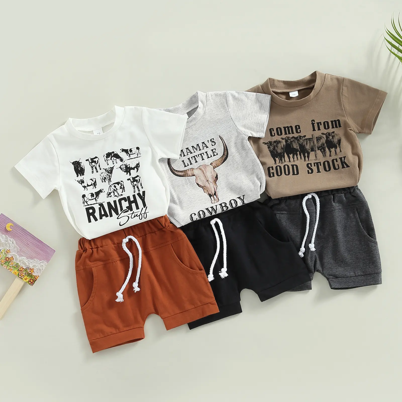 Kids Toddler Baby Boys 2Pcs Summer Outfits Set Cowboy Short Sleeve Cow Letter Print T-Shirt Tops Solid Shorts Clothes Set