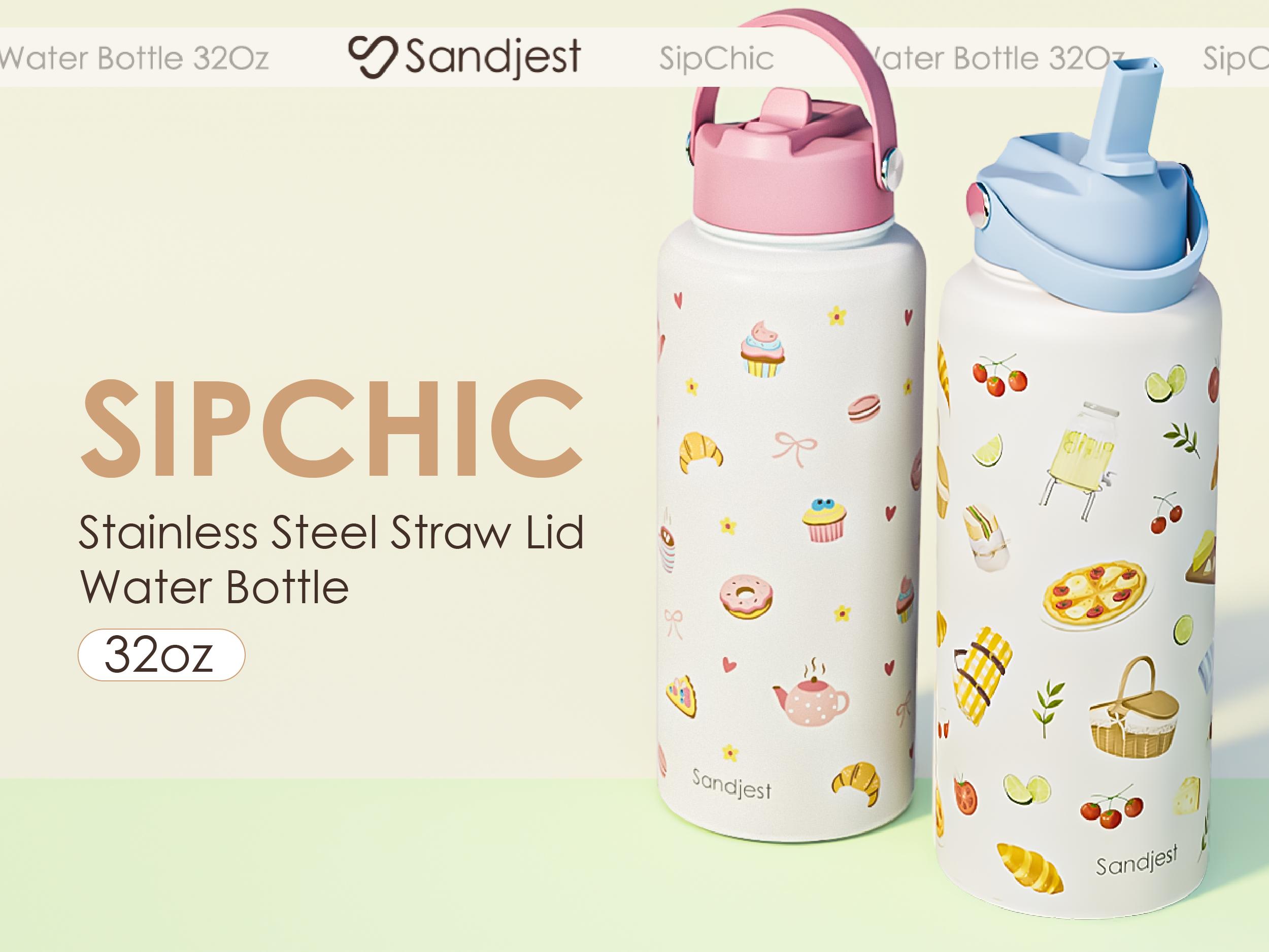 Sandjest 32oz Insulated Water Bottle with Flip Straw & Handle, Stainless Steel Leak Proof Travel Mug, Protective Silicone Base for Sports, Outdoor, Gym, School