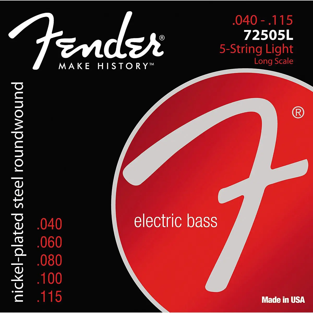 Fender 7250-5L 5-String Light Nickel Plated Steel Electric Bass Guitar Strings, Long Scale, .040 - .115 Gauges, Set of 5 Strings