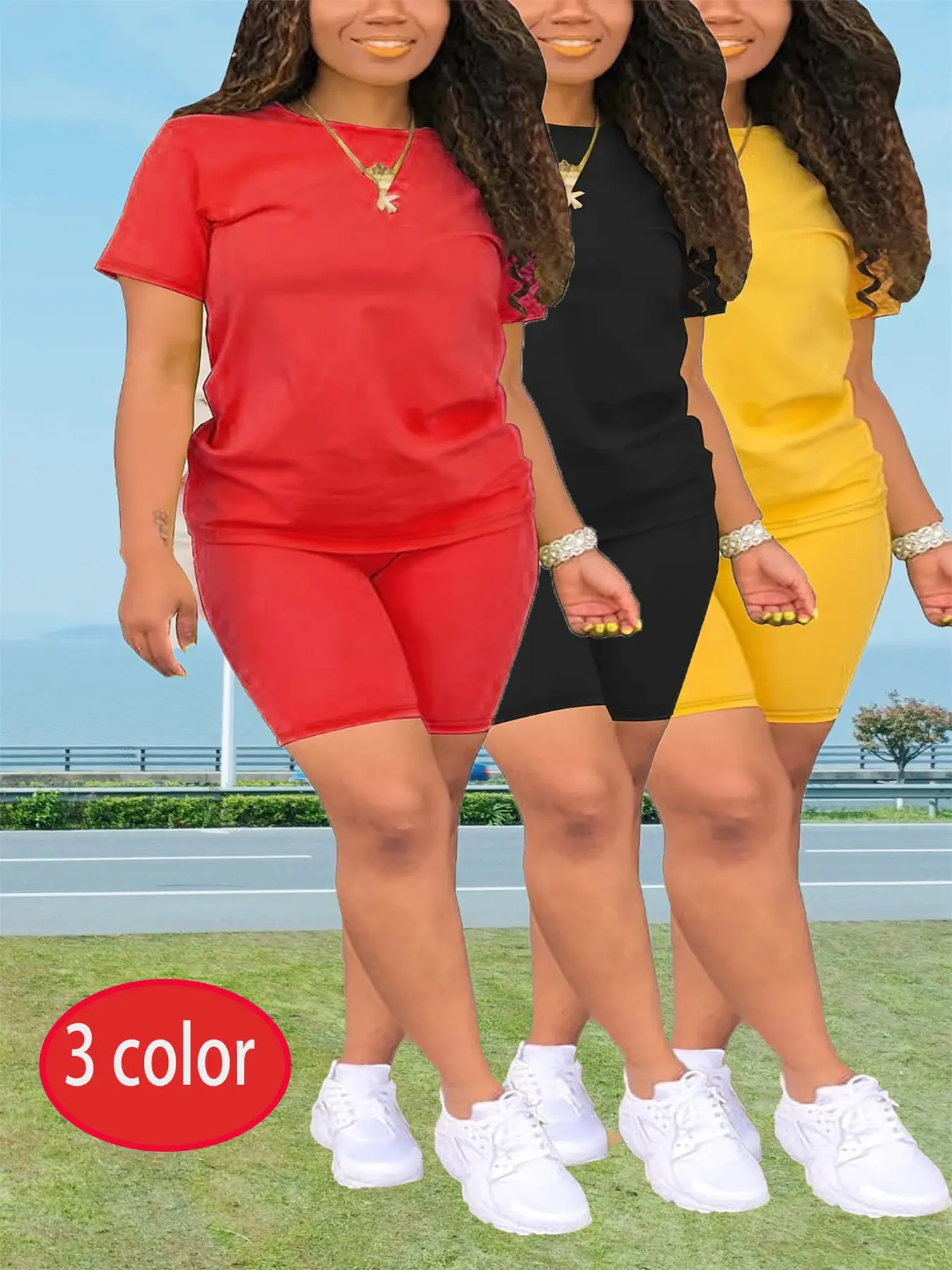 Women's Plus Size 2-Piece Set, Shortsleeve Round Neck Top & Skinny Shorts, Summer Casual Outdoor Outfit, 2 Piece Set Plus Size, Women's Plain Casual Clothing