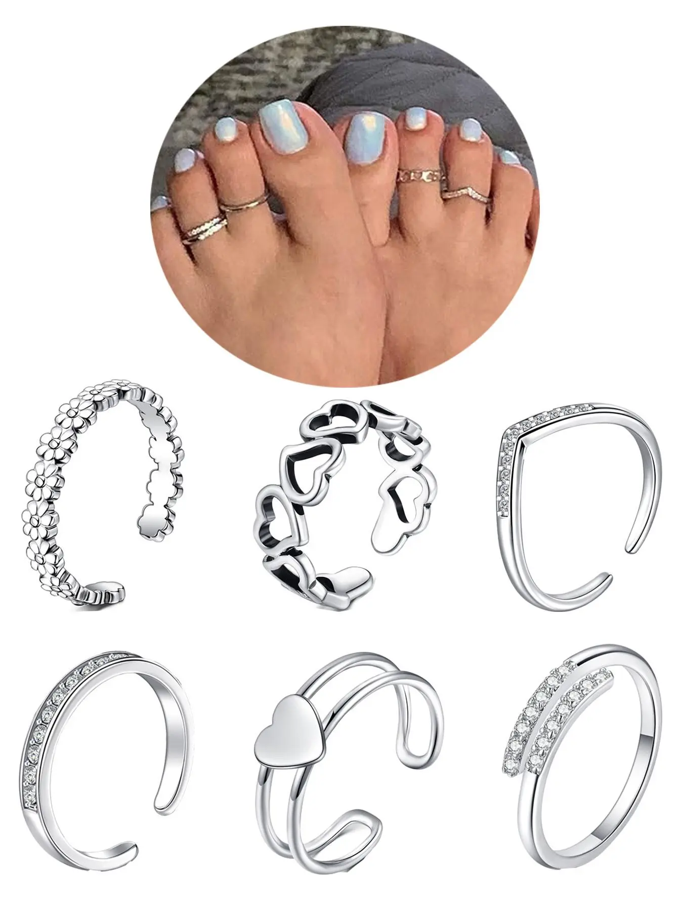 Women's Rhinestone Decorated Toe Rings (6pcs), Adjustable Open Toe Rings for Women & Girls, for Party, Daily Clothing Decor, Birthday Gift, Rhinestone Iced Out