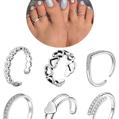 Women's Rhinestone Decorated Toe Rings (6pcs), Adjustable Open Toe Rings for Women & Girls, for Party, Daily Clothing Decor, Birthday Gift, Daily Party Jewelry