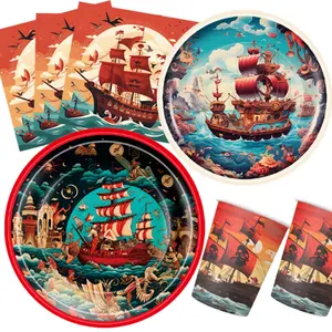 80-Piece Pirate Theme Birthday Party Decoration Set, Paper Plates Napkins Cups, Treasure Theme Party Supplies for 20 Guests