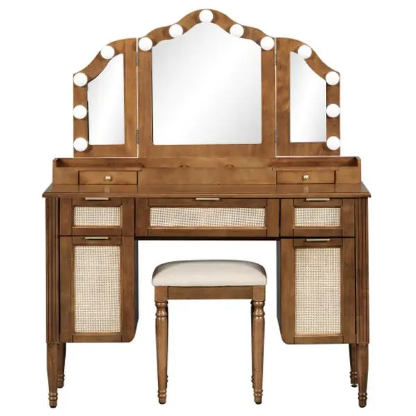 Bellemave Contemporary Dressing Table - Hollywood Makeup Vanity with 13 LED-Powered Bulbs, 3 Lighting Modes, Folding 3-Way Mirror, 5 Drawers, Shelves, Built-In LED Light Center Charging Station, Led Powered Vanity