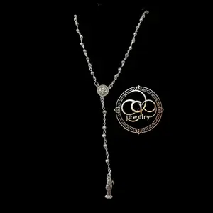 Silver Rosario, San benito, Santa M, Nudo de Bruja, Cruz de Caravaca necklace