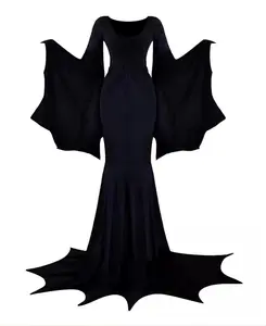 TikChic Gothic Vampire Witch Party Gown Long Bat Sleeves Elegant Vintage Halloween Costume for Women Fit Womenswear Polyester Outfit Clothes Fabric Mermaid Skirt V-neck