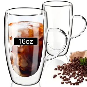 Double Wall Glass Coffee Mugs 16oz with Handle, Coffee Cups Set of 2/4, Clear Borosilicate Glass Coffee Mugs Drinkware iced