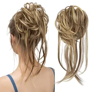 Messy Bun Hair Piece Curly Hair Bun Extensions with Straight Tails Synthetic Hair Scrunchies Ponytail Hairpieces for Women Brunette/Butter Blonde