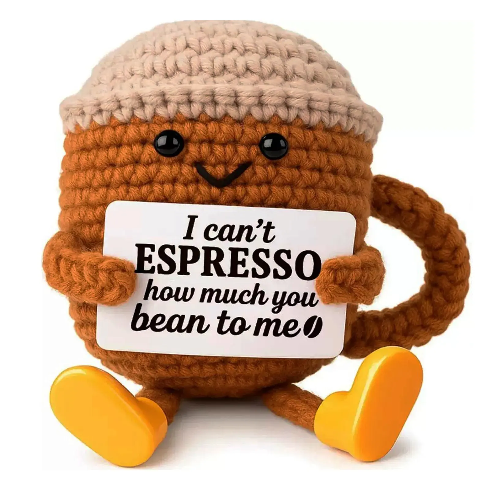 Hand Crocheted Coffee Cup with Legs Plush Toy, Amigurumi Soft Adorable Stuffed - "I Can't Espresso How Much You Bean to Me" Funny Coffee Lover Gift, Quirky Desk Decor with Legs and Shoes, Cuddly Stuffed Animal