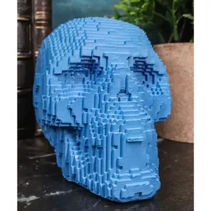 Ebros Gift Blue 3D Pixel Skull Figurine 5"L Cubic Voxel Gamer Skull Skeleton Sculpture