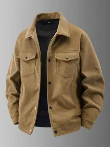 Men's Corduroy Bomber Jacket, Autumn Casual Vintage Style with Snap Button Flap Pockets, Midweight Long Sleeve Coat, Beige, Medium Size, Retro Men's Outerwear for Daily Wear Classic