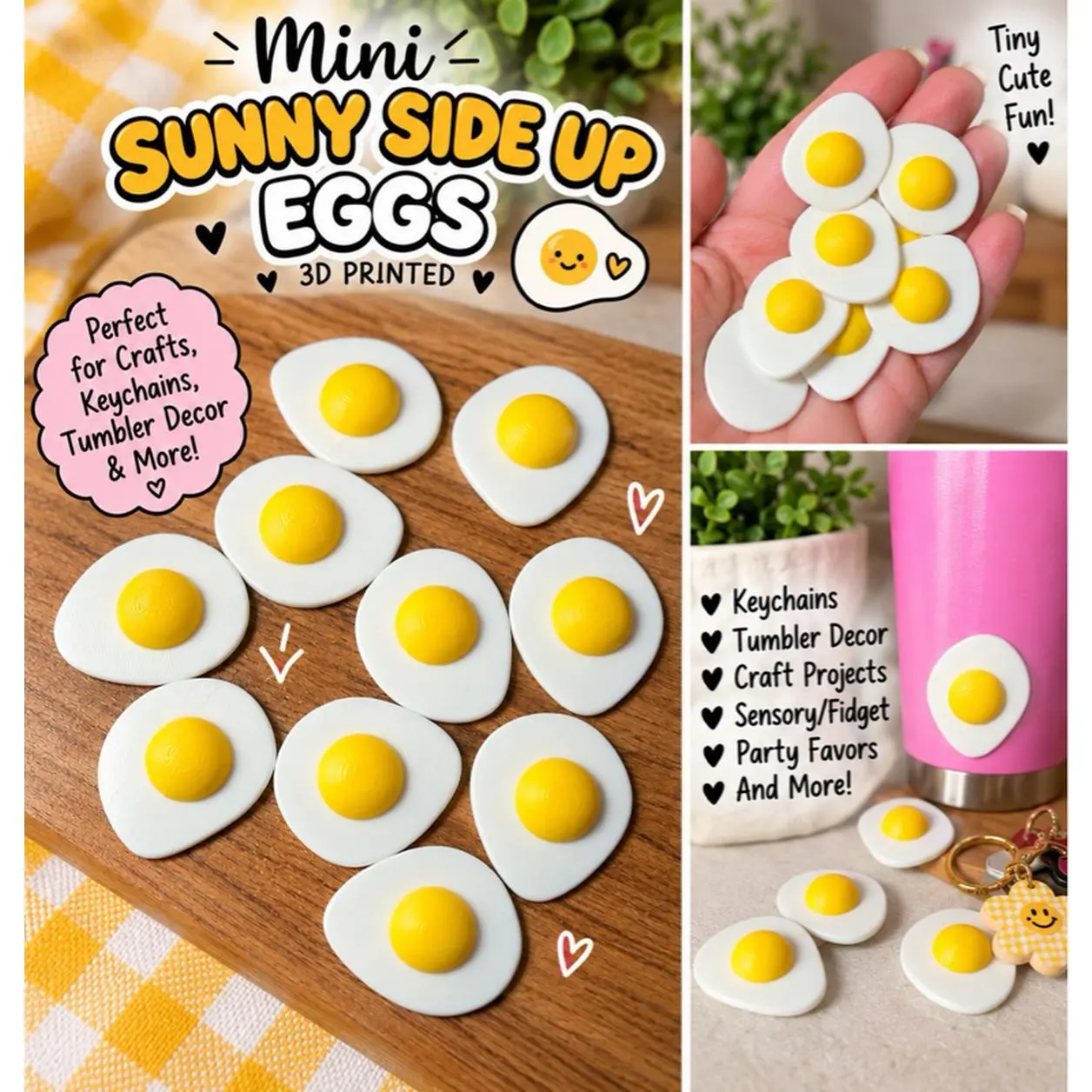 Mini Sunny Side Up Eggs 3D Printed - Perfect for Crafts Keychains Tumbler Decor Craft Projects Sensory Fidget Party Favors and More | Set of 10