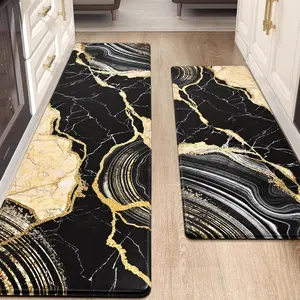 2 count Marble Kitchen Runner Rugs Set, Anti  Cushioned Kitchen Floor Mats, Black  Marble Kitchen Rugs Non Slip, PVC  Kitchen Mats for Sink, 18'' x 48'' + 18'' x 60''