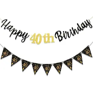 40th Birthday Decorations Banner Black Gold Happy 40th Birthday Banner for Men and Women