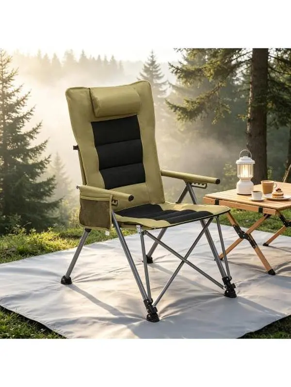 SAYGOGO 5-Position Reclining Folding Camping Chair, Heavy-Duty Adjustable Portable Compact Collapsible Outdoor Chair with Side Pocket & Carry Bag, Khaki for Camping, Beach, Patio, Adjustable Portable Chairs, Compact Collapsible Chairs