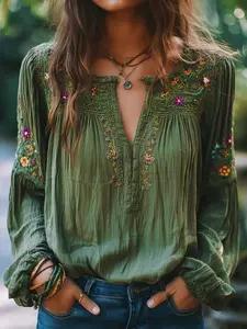 Women's Ethnic Boho Vintage Embroidered Floral Lantern Sleeve Loose Fit Casual Top, Soft Breathable Comfort Fabric, Hooded Shirt Blouse Bohemian