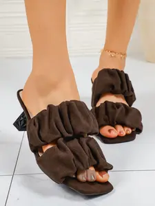 New Puffy Ruched High Heel Slippers, Simple Fashion Thin Heel Low Heel Sandals, Versatile Summer Elegant Women's Shoes