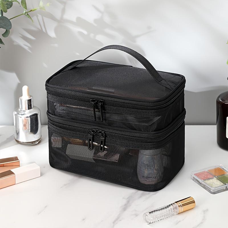 Lightweight Double Layer Makeup Bag - Durable Polyester, Zipper Travel Toiletry Organizer, Black Cosmetic Organizer