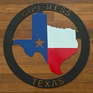 God Bless Texas 22" Metal Sign with State Map and Flag Design on Wooden Background