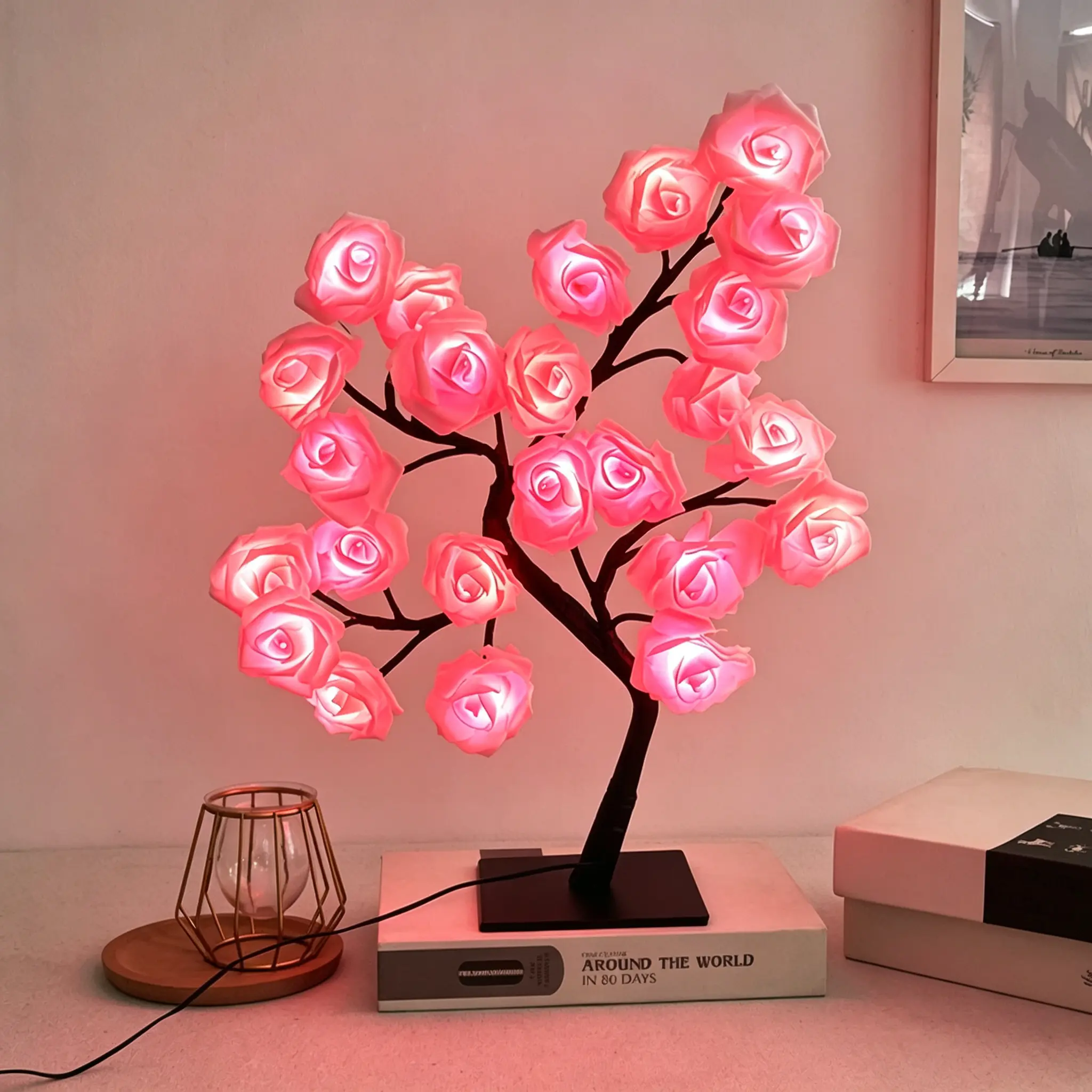 Handmade Bendable Branches Rose Tree LED Night Light Warm Gentle Lighting Desktop Flower Lamp Indoor Tabletop Decor Light Suitable for House Interior Layout & Daily Room Ornament