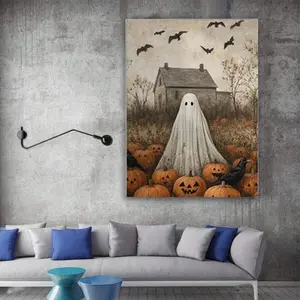 1 Frameless Ghost Pumpkin Halloween Art Print - Retro Haunted House Wall Decoration, Suitable For Autumn, Gothic Aesthetics, Suitable For Kitchen,