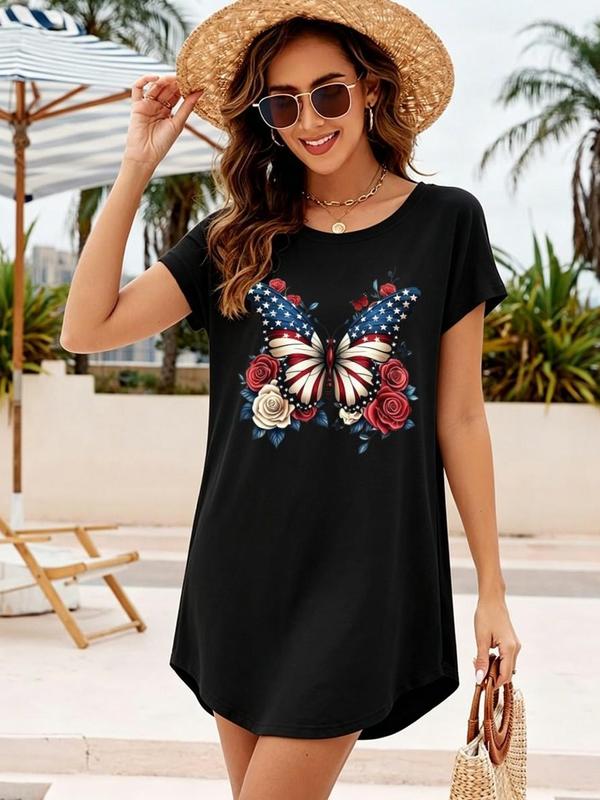 Women's Short-Sleeve Round Neck A-Line Black Tunic Dress - USA Flag Butterfly, Red White Floral Watercolor Graphic, Elastane, Anti-Pilling, Lightweight Breathable Machine Washable Casual Beach Sundress, Viral TikTok Patriotic Style, Good Fit, Dry In Shade