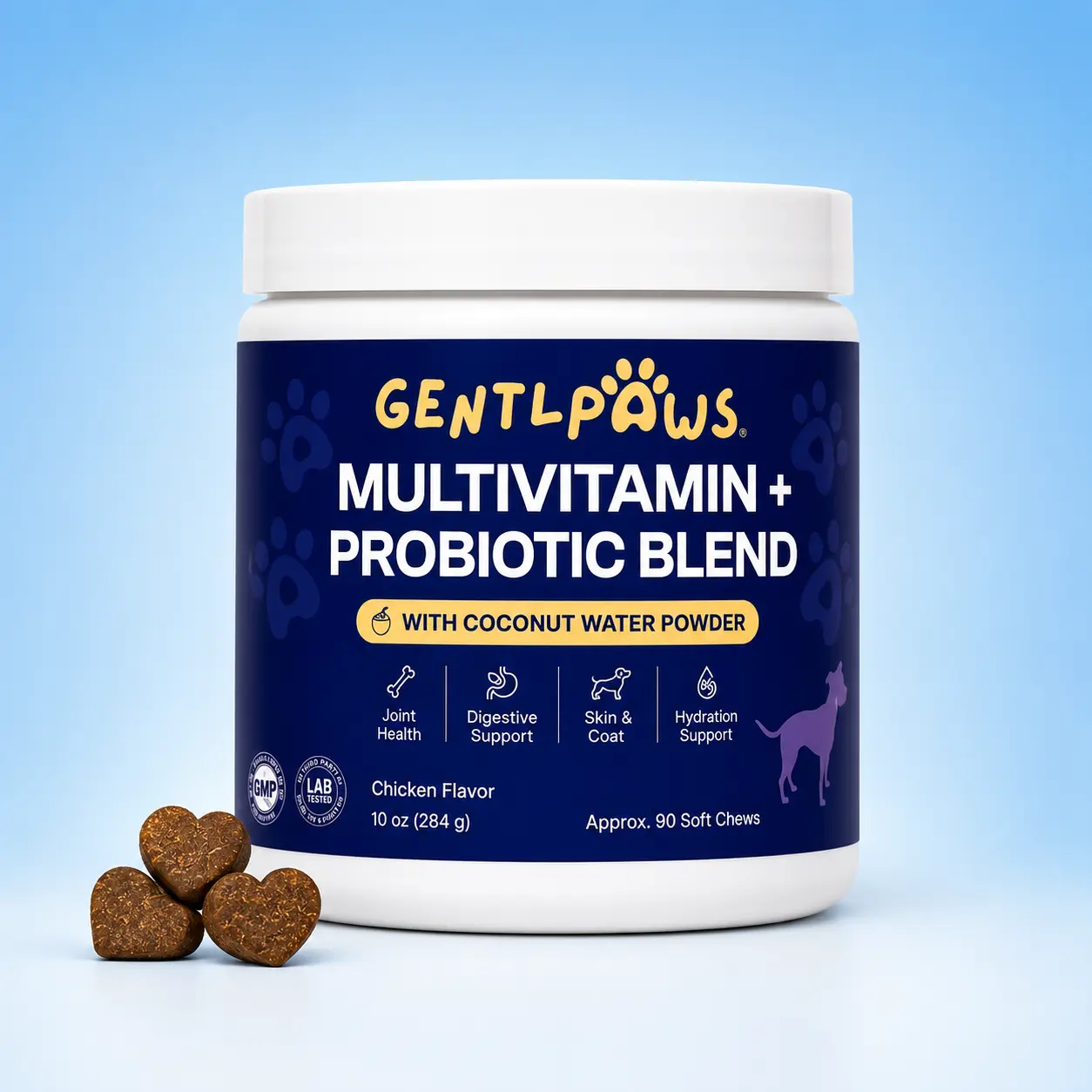 GentlPaws Dog Multivitamin + Probiotic Soft Chews | Hydration, Joint Support, Digestive, Gut & Immune Health, Skin & Coat Support | Coconut Water Powder for Hydration Support| 90 Chews