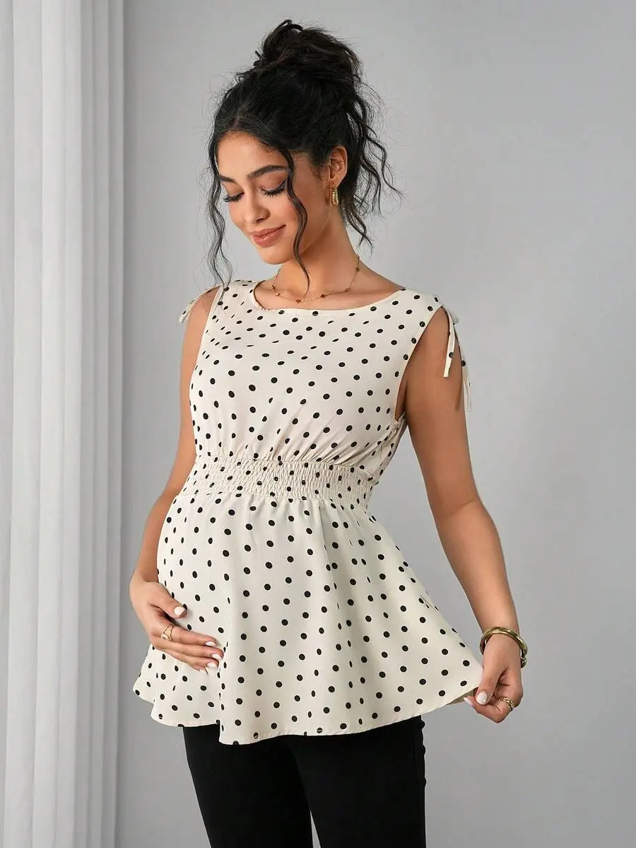 Pregnancy Polka Dot Tank Top Knotted Shoulder Stylish Maternity Cami