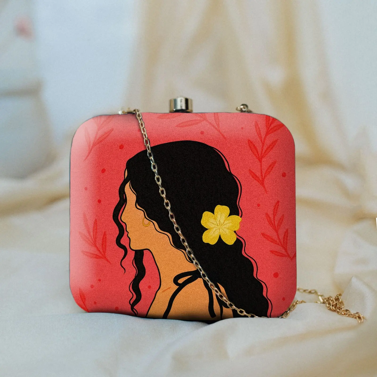 Indian Ethnic Designer Red Clutch with Portrait of Women with Curley Hair