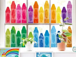 9 Sheets Back to School Crayon Window Clings Watercolor Double-Sided Window Stickers Colorful Crayon Windows Decals for Classroom Home Glass Blackboard Decor