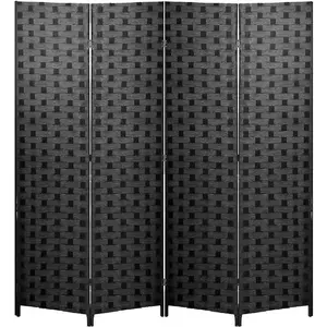 Room Divider 6FT Wall Divider Wood Screen 4 Panels Wood Mesh Hand-Woven Design Room Screen Divider Indoor Folding Portable Partition Screen,Black