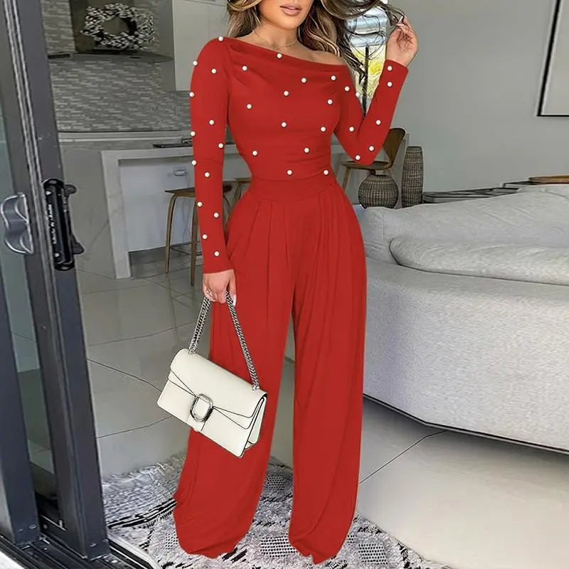 CHICME Women's Elegant Plain Jumpsuit, Skew Neck Long Sleeve with Pearl Embellishments and Back Zipper, High Waist Wide Leg Fit for Evening Wear
