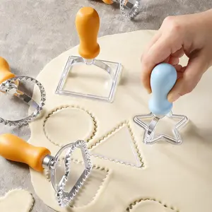 4-piece stainless steel imitation plastic pastry and pasta making set - extra heavy-duty 8-cavity round dumpling mold with star, heart, triangle, and circle cutouts, easy to clean non-stick design, suitable for homemade, Italian, Spanish fried pastries, a