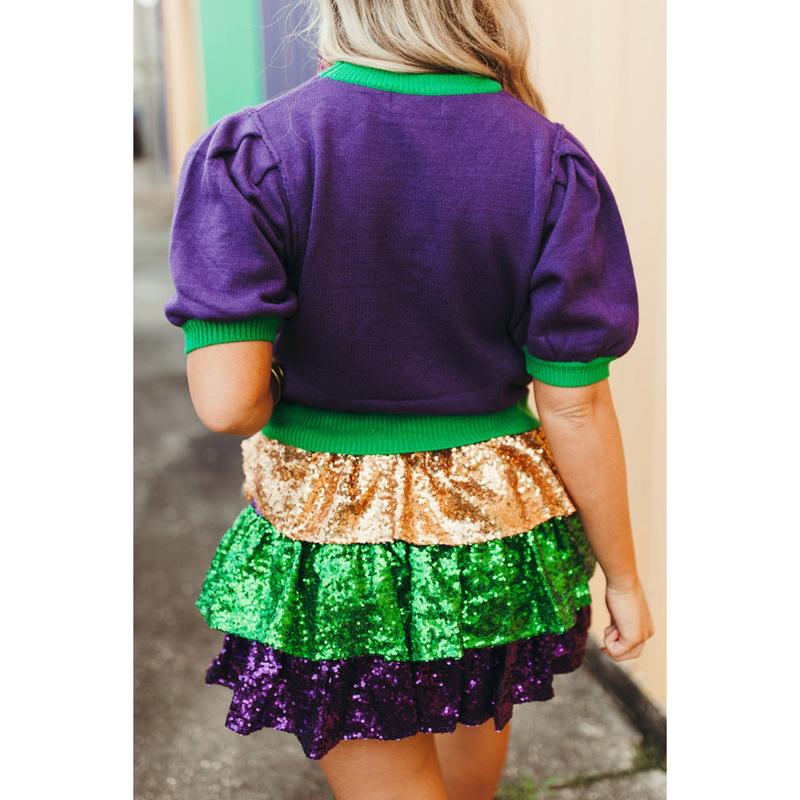 Tillandsia Purple Mardi Gras Tinsel Graphic Short Sleeve Sweater